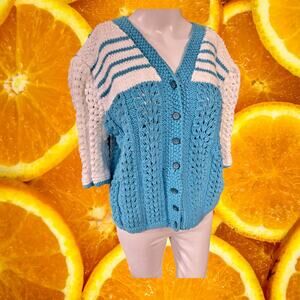 Hank Knit Handmade Short Sleeve‎ Cardigan Blue and White
